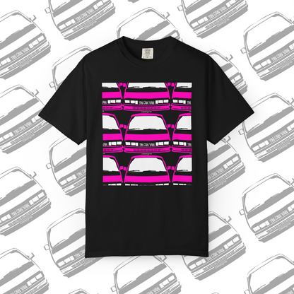 Black Comfort Colors cotton t-shirt with pink van grid pattern DTF graphic design on a white background with van pattern