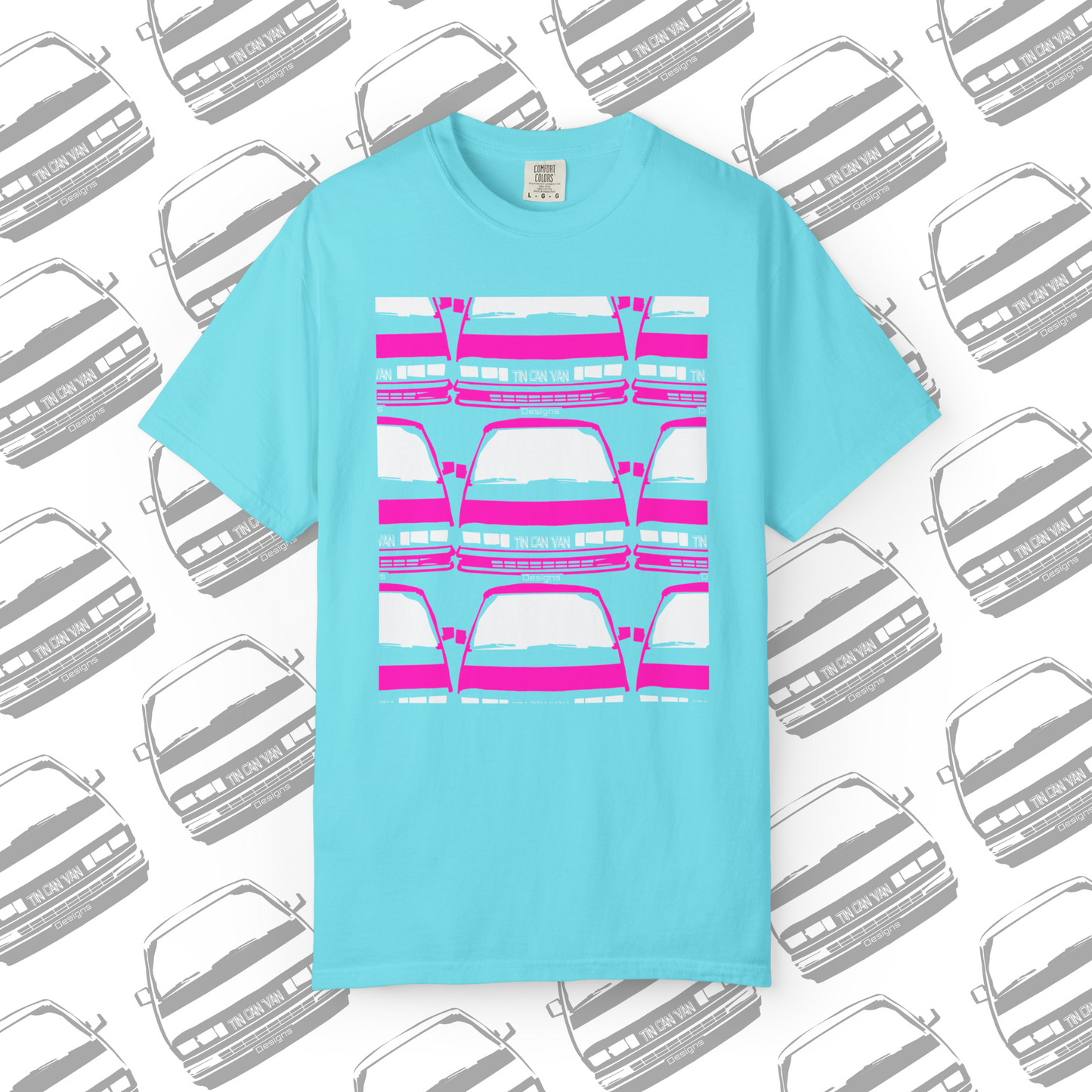 Tropical light blue cotton t-shirt with pink van grid pattern DTF graphic design on a white background with van pattern