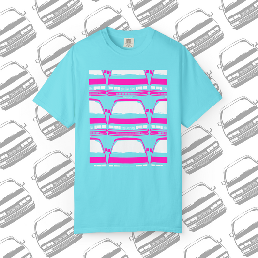 Tropical light blue cotton t-shirt with pink van grid pattern DTF graphic design on a white background with van pattern