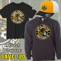 A product bundle graphic showing a black short-sleeve t-shirt, a black hoodie, and a yellow-and-white trucker hat, all printed with the Carol Stream Panthers SC logo. Large text at the bottom reads 'ADULT BUNDLE' and 'SAVE $20'.
