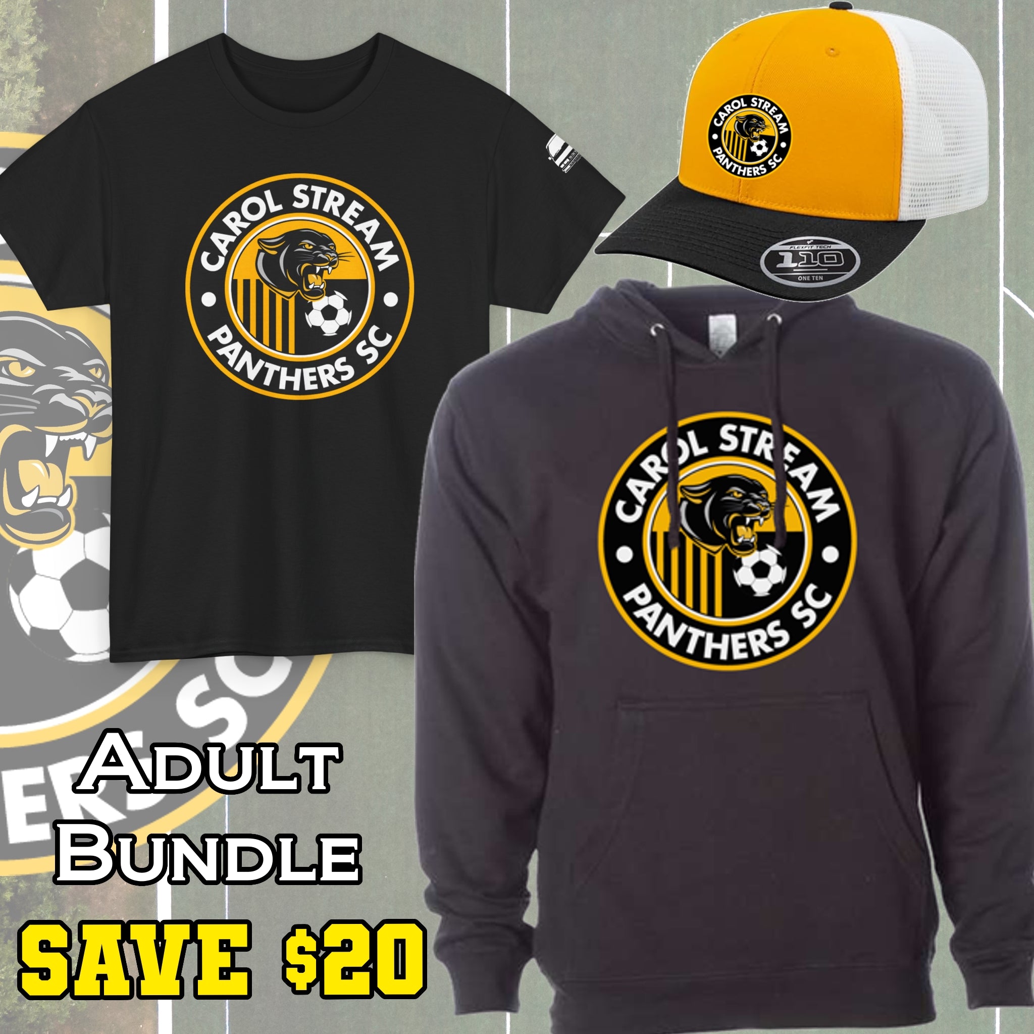 A product bundle graphic showing a black short-sleeve t-shirt, a black hoodie, and a yellow-and-white trucker hat, all printed with the Carol Stream Panthers SC logo. Large text at the bottom reads 'ADULT BUNDLE' and 'SAVE $20'.