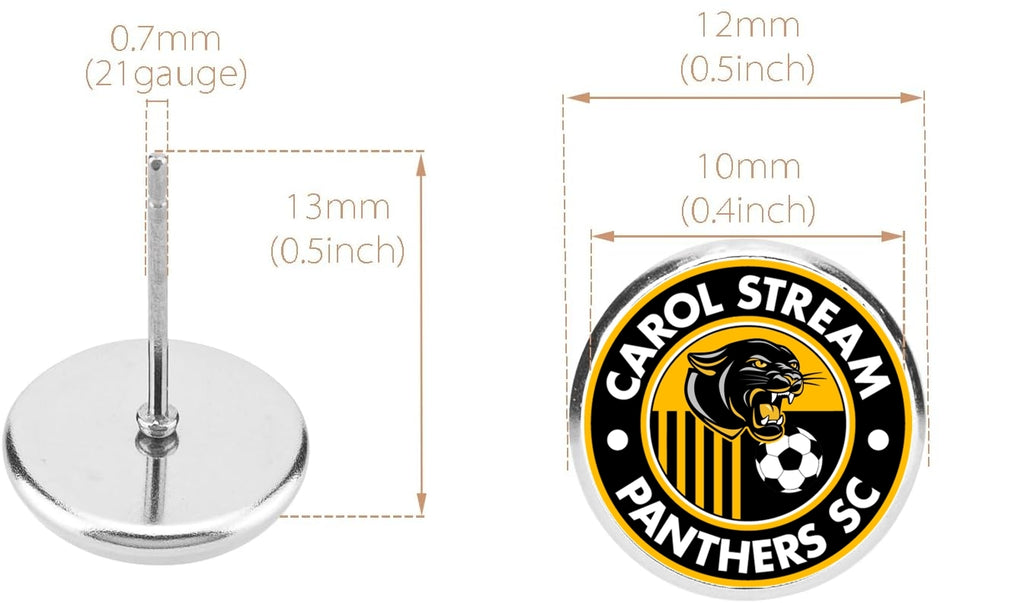 A circular metal earring with a stainless steel post, shown with dimension callouts. The badge has a black, yellow, and white Carol Stream Panthers Soccer Club Logo on it.