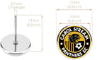 A circular metal earring with a stainless steel post, shown with dimension callouts. The badge has a black, yellow, and white Carol Stream Panthers Soccer Club Logo on it.
