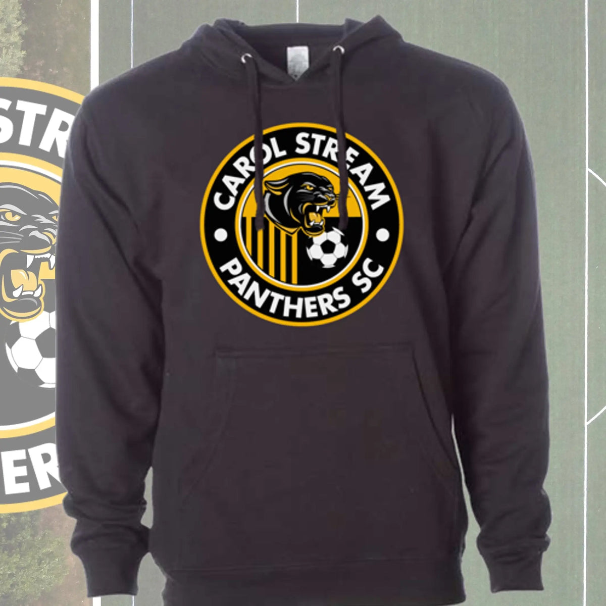 A black pullover hoodie featuring a circular 'Carol Stream Panthers SC' graphic on the chest, displayed against a green background with a cropped logo on the left.