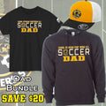 A product bundle graphic showing a black short-sleeve T-shirt, a black hoodie, and a yellow-and-white trucker hat, all with Carol Stream Panthers Soccer Club Badge Logo.