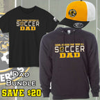 A product bundle graphic showing a black short-sleeve T-shirt, a black hoodie, and a yellow-and-white trucker hat, all with Carol Stream Panthers Soccer Club Badge Logo.