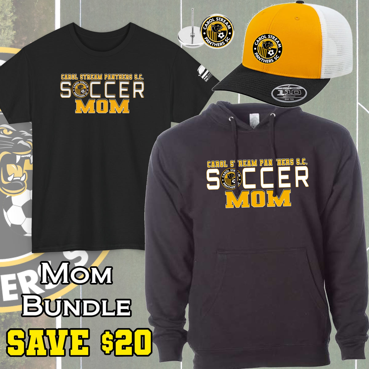 A product bundle graphic showing three items: a black short-sleeve t-shirt, a dark gray hoodie, a pair of earrings, and a yellow and white trucker hat. Each item features the Carol Stream Panthers Soccer Club badge logo.
