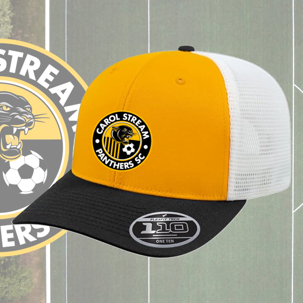 A Carol Stream Panthers SC trucker hat with a yellow front panel, white mesh back, and black brim. The hat features the official team logo on the front.