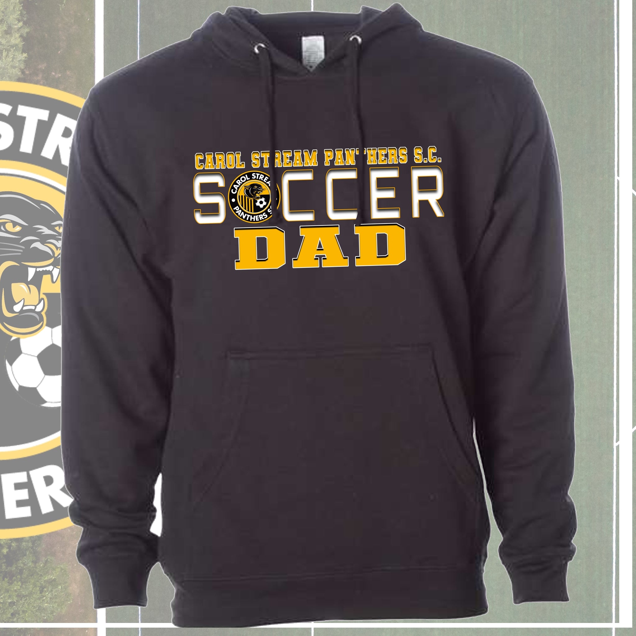 A black pullover hoodie with a front kangaroo pocket and drawstrings, featuring a graphic print of the Carol Stream Panthers Soccer Club Badge Logo