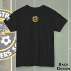 The back of a  black short-sleeve t-shirt displayed flat against a gray background with a soccer theme. The shirt features a circular yellow and black crest on the upper middle below the neck line with a Carol Stream Panthers Soccer Club Logo design.