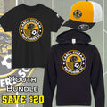 A youth apparel bundle featuring a black t-shirt, a black hoodie, and a yellow-and-white trucker hat, all printed with the Carol Stream Panthers SC logo. The image includes promotional text reading 'YOUTH BUNDLE' and 'SAVE $20'.