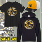 A youth apparel bundle featuring a black t-shirt, a black hoodie, and a yellow-and-white trucker hat, all printed with the Carol Stream Panthers SC logo. The image includes promotional text reading 'YOUTH BUNDLE' and 'SAVE $20'.