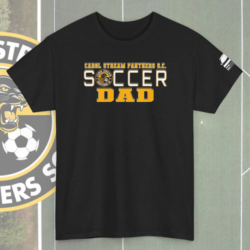 A black short-sleeve t-shirt with a graphic on the chest reading 'Carol Stream Panthers Soccer Clubwith theteam logo appearing asthe "O" in Soccer.